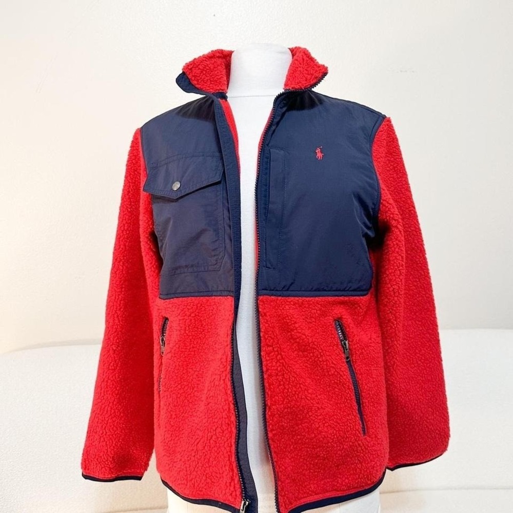 Polo Ralph Lauren Hybrid Fleece Jacket XL Red/Blue‎ Jacket Teddy Full Zip